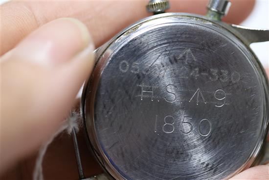 A gentlemans 1940s/1950s? stainless steel Lemania British military issue Royal Navy single button chronograph watch.